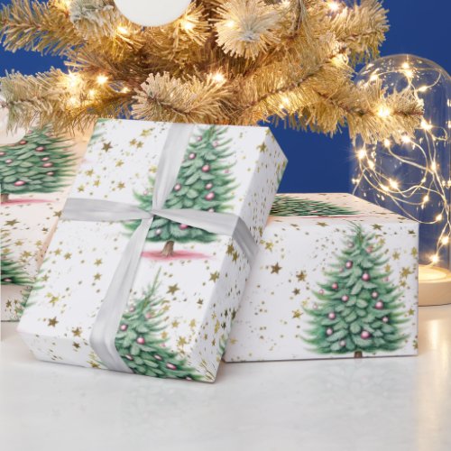 Christmas Trees Ornaments Gold Stars  Wrapping Paper