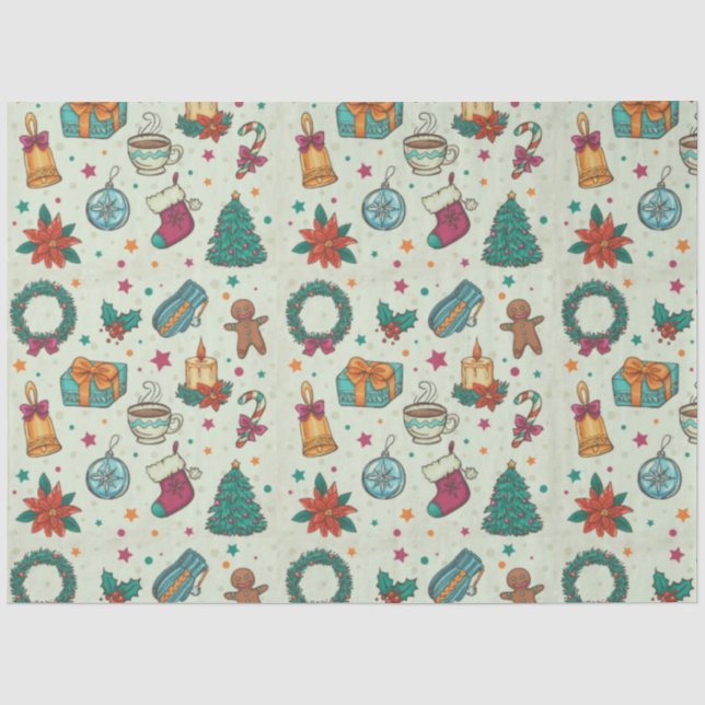 Christmas Trees Ornaments Stars Green Christmas Tissue Paper (Front)