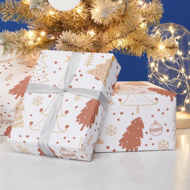 Christmas Trees Ornaments Stars White Christmas Wrapping Paper (Holidays)