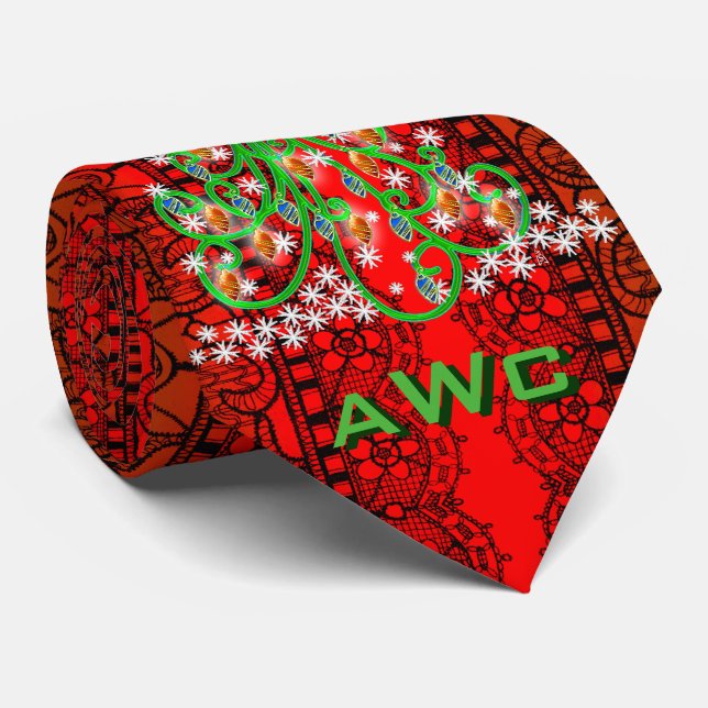 Christmas Trees Over Black Lace on Red (Monogram) Tie (Rolled)