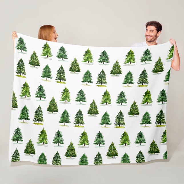 Christmas trees pattern Festive Green Watercolor Fleece Blanket (In Situ)