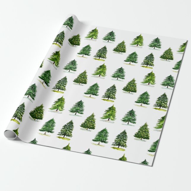 Christmas trees pattern Festive Green Watercolor  Wrapping Paper (Unrolled)