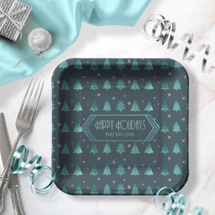 Christmas Trees Pattern Teal ID863 Paper Plates