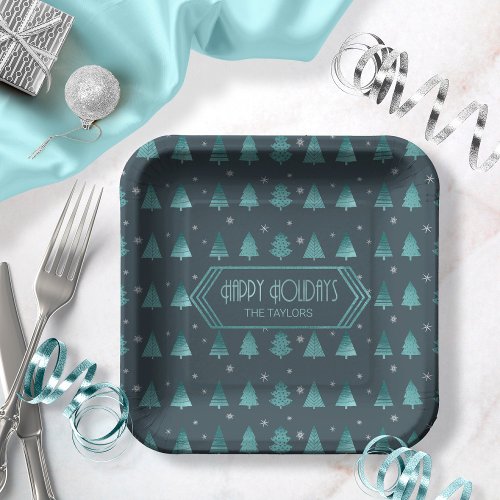 Christmas Trees Pattern Teal ID863  Paper Plates