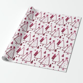 Christmas Trees Pink Burgundy Stars Beetroot White Wrapping Paper