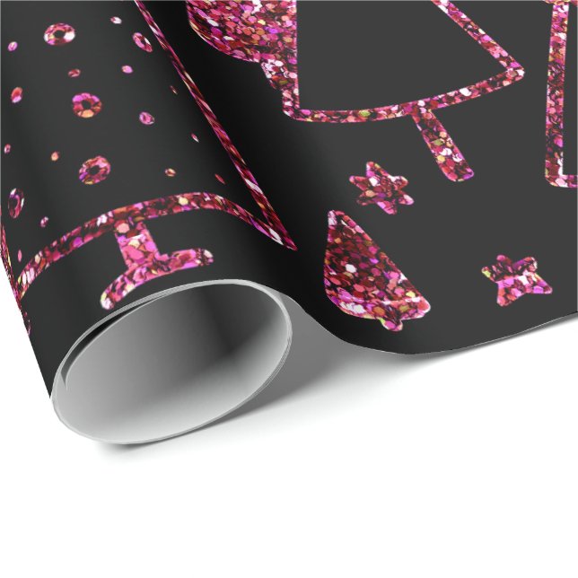 Christmas Trees Pink Rose Girly Spark Black Sequin Wrapping Paper (Roll Corner)