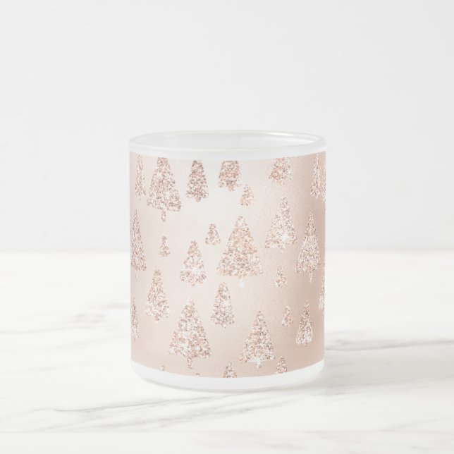 Christmas Trees Pink Rose Gold Blush Powder Glam Frosted Glass Coffee Mug (Center)