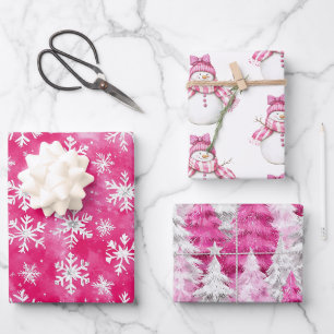 Christmas Trees Pink White Snowflakes Wrapping Paper Sheets