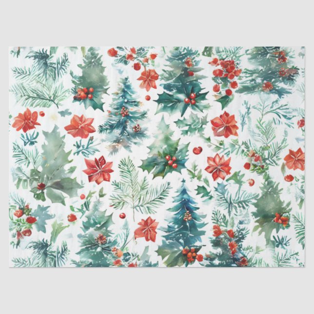 Christmas Trees, Poinsettias, Holly, and Pine Deco Tissue Paper (Front)