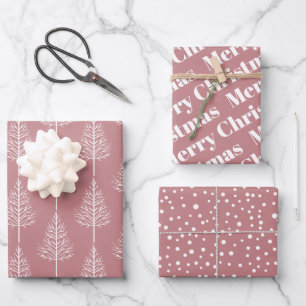 Christmas trees, polka dots dusty rose holiday wrapping paper sheets