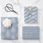 Christmas, trees, polka dots holiday dusty blue wrapping paper sheets<br><div class="desc">Merry Christmas, trees and polka dots dusty blue holiday Wrapping Paper Sheets. The first sheet features white winter trees on dusty blue background. The second showcases the text :"Merry Christmas" in bold typography and the third displays polka dots-snow. Personalize it with your text. Please note that if your text takes...</div>