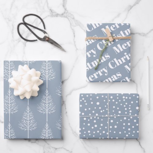 Christmas trees polka dots holiday dusty blue wrapping paper sheets