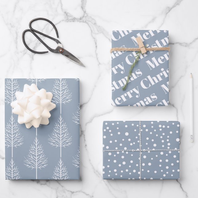 Christmas, trees, polka dots holiday dusty blue wrapping paper sheets (Front)