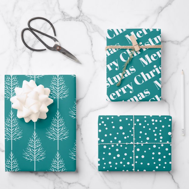 Christmas, trees, polka dots holiday teal blue wrapping paper sheets (Front)