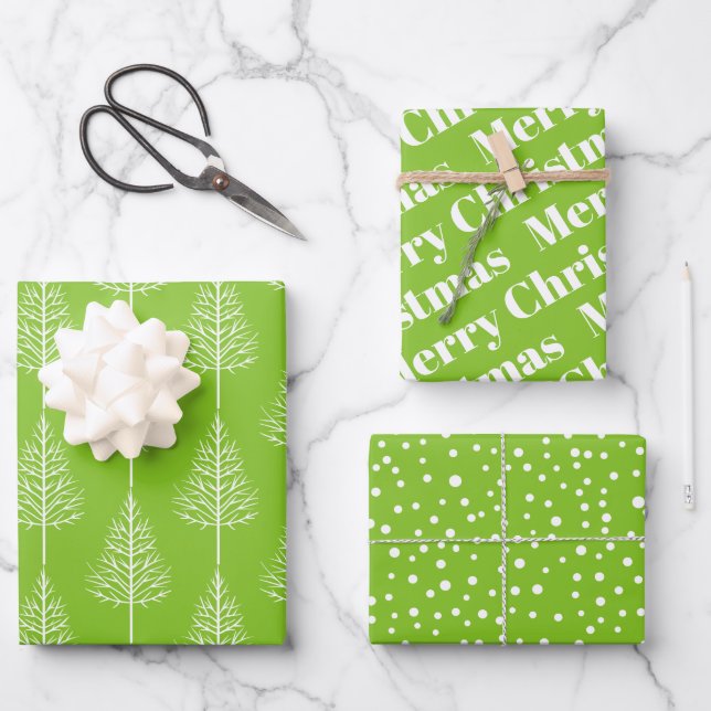 Christmas trees, polka dots lime green holiday wrapping paper sheets (Front)