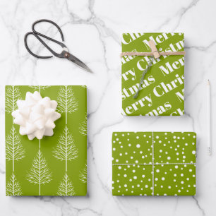 Christmas trees, polka dots olive green holiday wrapping paper sheets