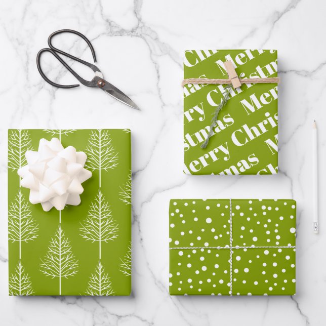 Christmas trees, polka dots olive green holiday wrapping paper sheets (Front)