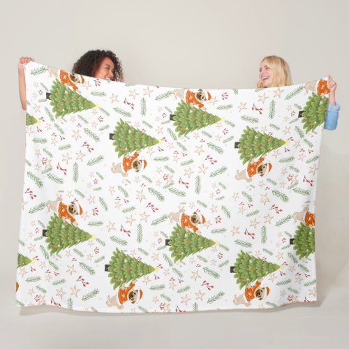 Christmas trees pug dog pattern custom background fleece blanket