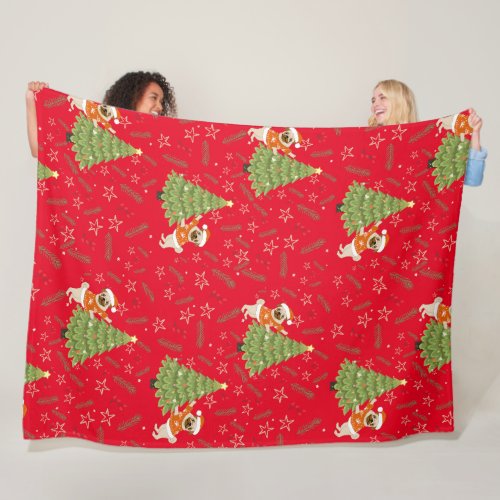 Christmas trees pug dog pattern custom background fleece blanket