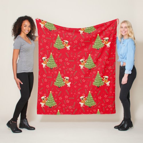 Christmas trees pug dog pattern custom background fleece blanket