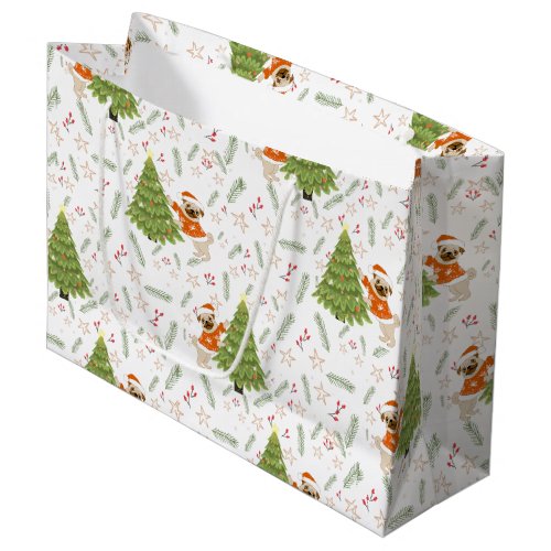 Christmas trees pug dog pattern custom background large gift bag