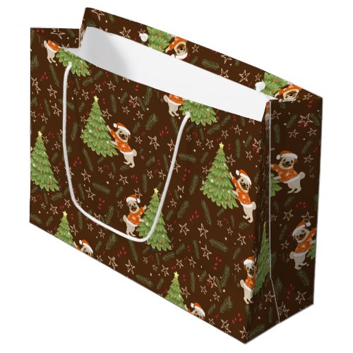 Christmas trees pug dog pattern custom background large gift bag