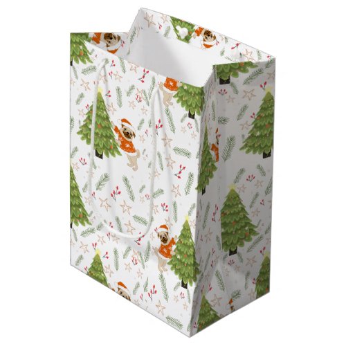 Christmas trees pug dog pattern custom background medium gift bag