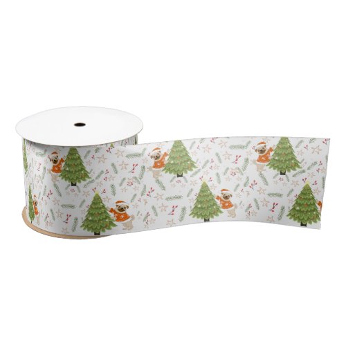 Christmas trees pug dog pattern custom background satin ribbon