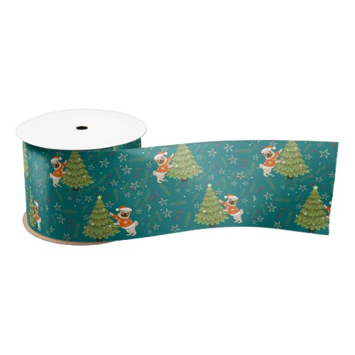 Christmas trees pug dog pattern custom background satin ribbon