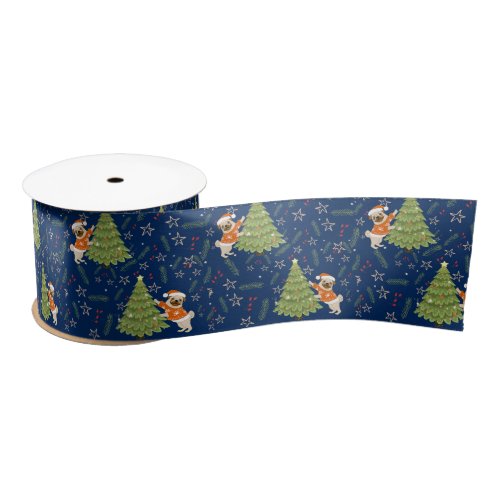 Christmas trees pug dog pattern custom background satin ribbon