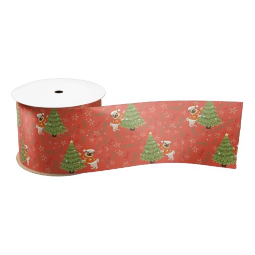 Christmas trees pug dog pattern custom background satin ribbon