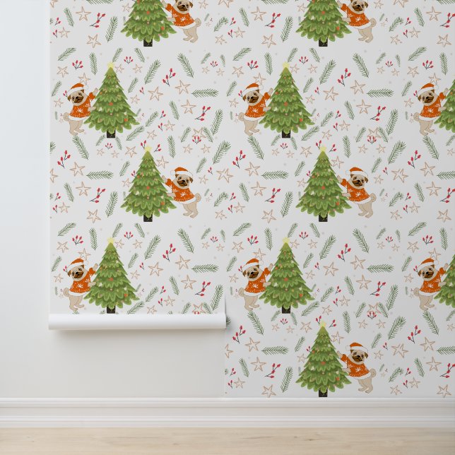 Christmas trees &pug dog pattern custom background wallpaper  (Application)