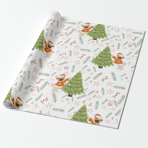 Christmas trees pug dog pattern custom background wrapping paper