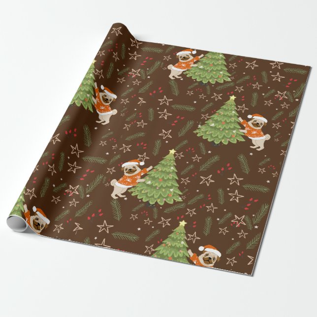Christmas trees &pug dog pattern custom background wrapping paper (Unrolled)