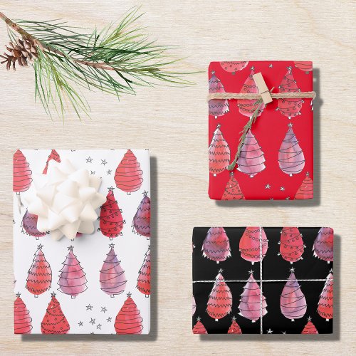 Christmas Trees Red Black White Wrapping Paper Sheets