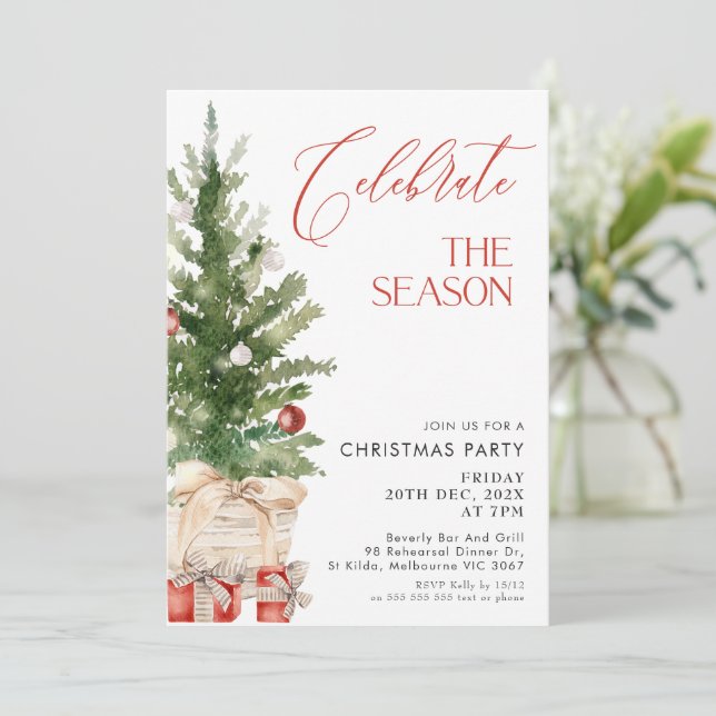 Christmas Trees Red Calligraphy Christmas Party Invitation (Standing Front)
