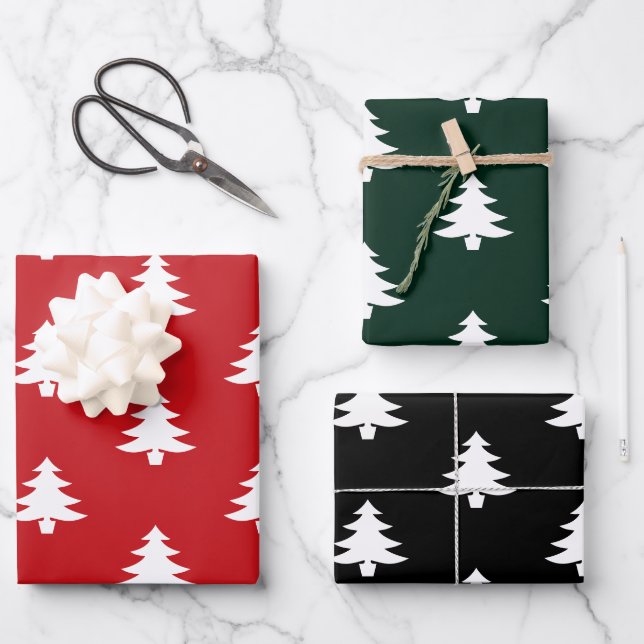 Christmas Trees red dark pine green black white  Wrapping Paper Sheets (Front)