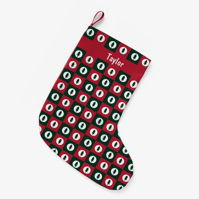Christmas Trees Red Green and White Pattern & Name Small Christmas Stocking (Front (Hanging))