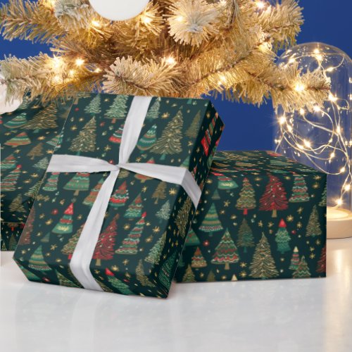 Christmas Trees Red Green White Black Christmas Wrapping Paper