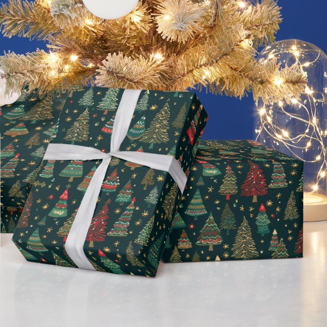 Christmas Trees Red Green White Black Christmas Wrapping Paper (Holidays)