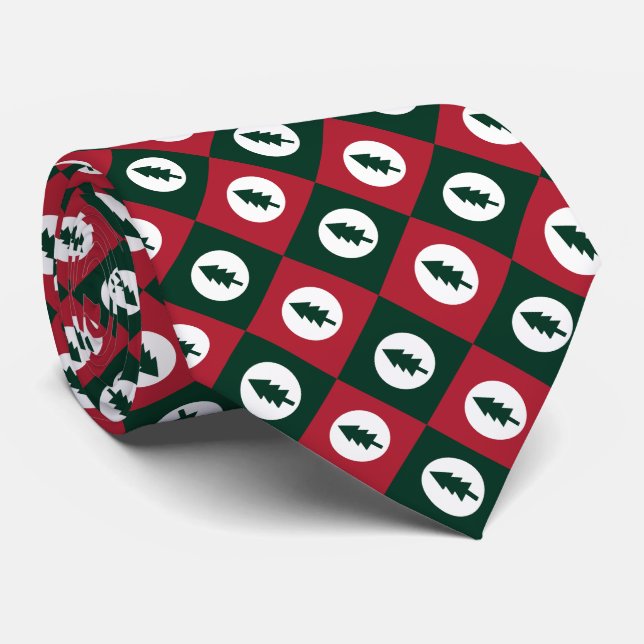 Christmas Trees Red Green White Squares Pattern Neck Tie (Rolled)