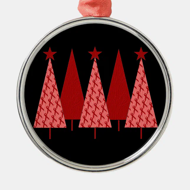 Christmas Trees - Red Ribbon AIDS & HIV Metal Ornament (Front)