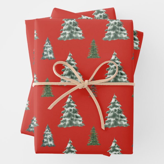 Christmas Trees Red  Wrapping Paper Sheets (In situ)