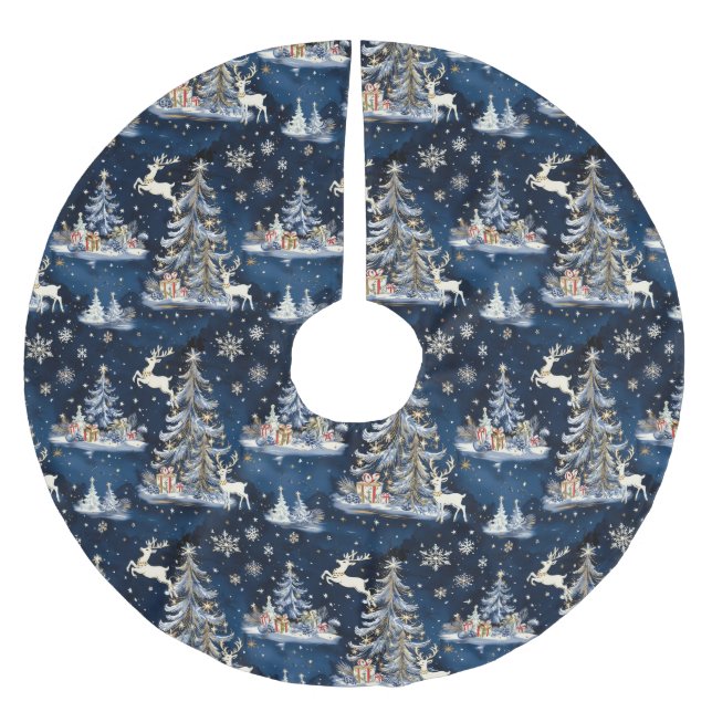 Christmas Trees, Reindeer and Snowflakes Brushed Polyester Tree Skirt (Front)