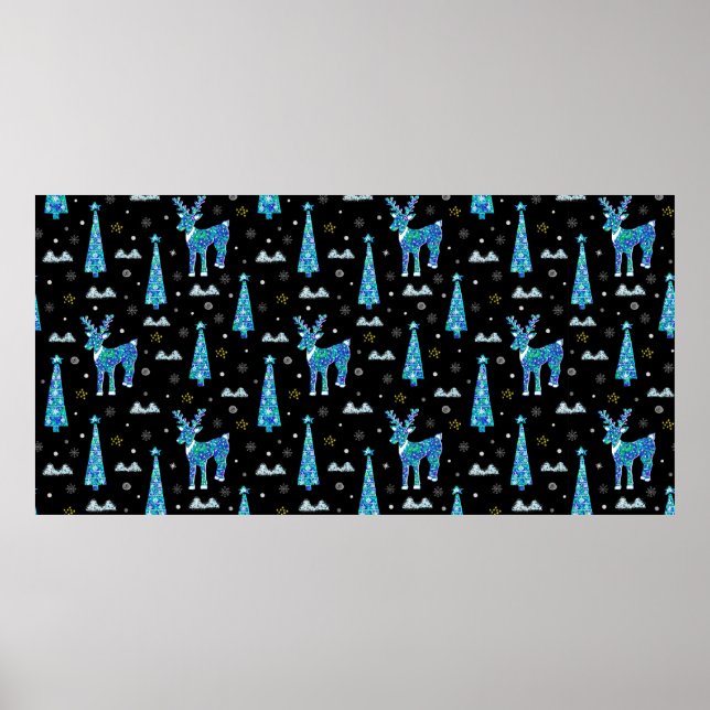 Christmas trees, reindeer snowflakes. Winter illus Poster (Front)