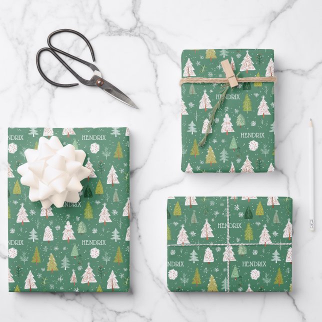 Christmas Trees Repeating Name Personalized Wrapping Paper Sheets (Front)