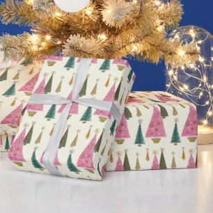 Christmas Trees Retro Pink Gold Green Wrapping Paper