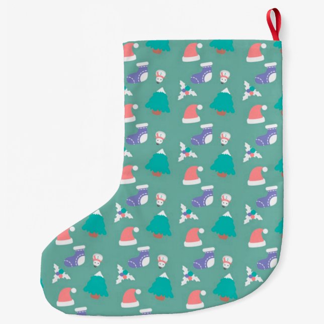 Christmas Trees, Santa and Snowmen Large Christmas Stocking (Back)