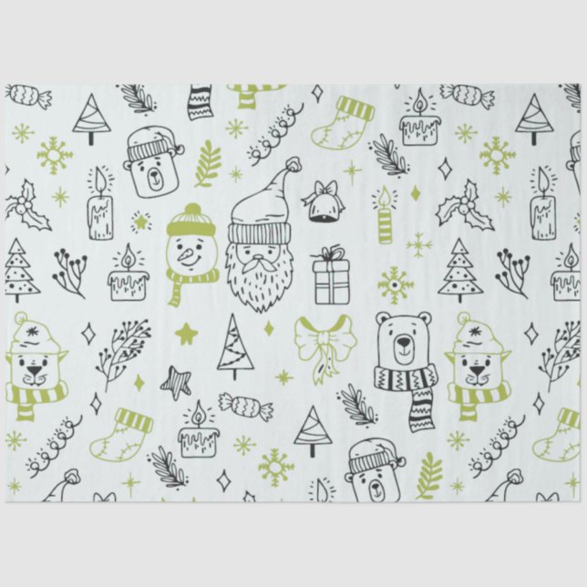 Christmas Trees Santa Bears Green Christmas Tissue Paper (Front)