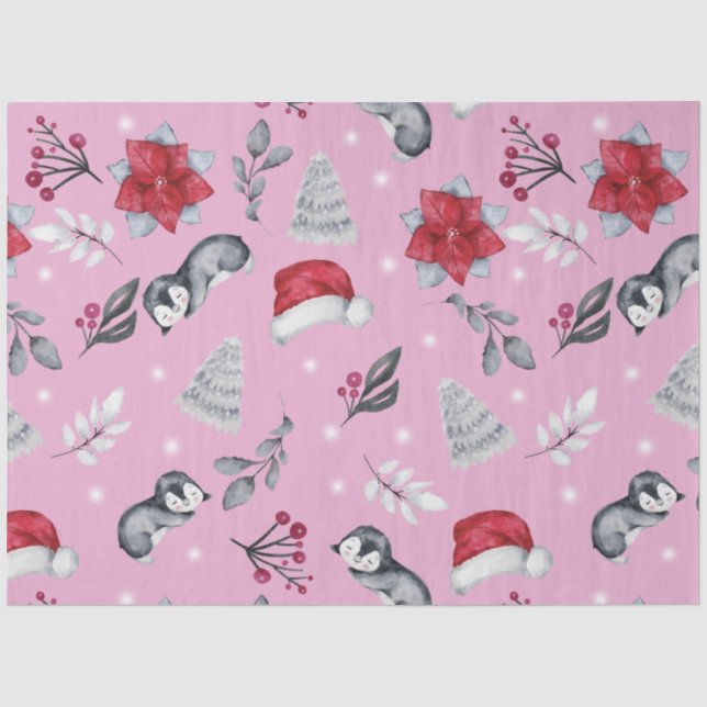 Christmas Trees Santa Hats Winter Floral Christmas Tissue Paper (Front)
